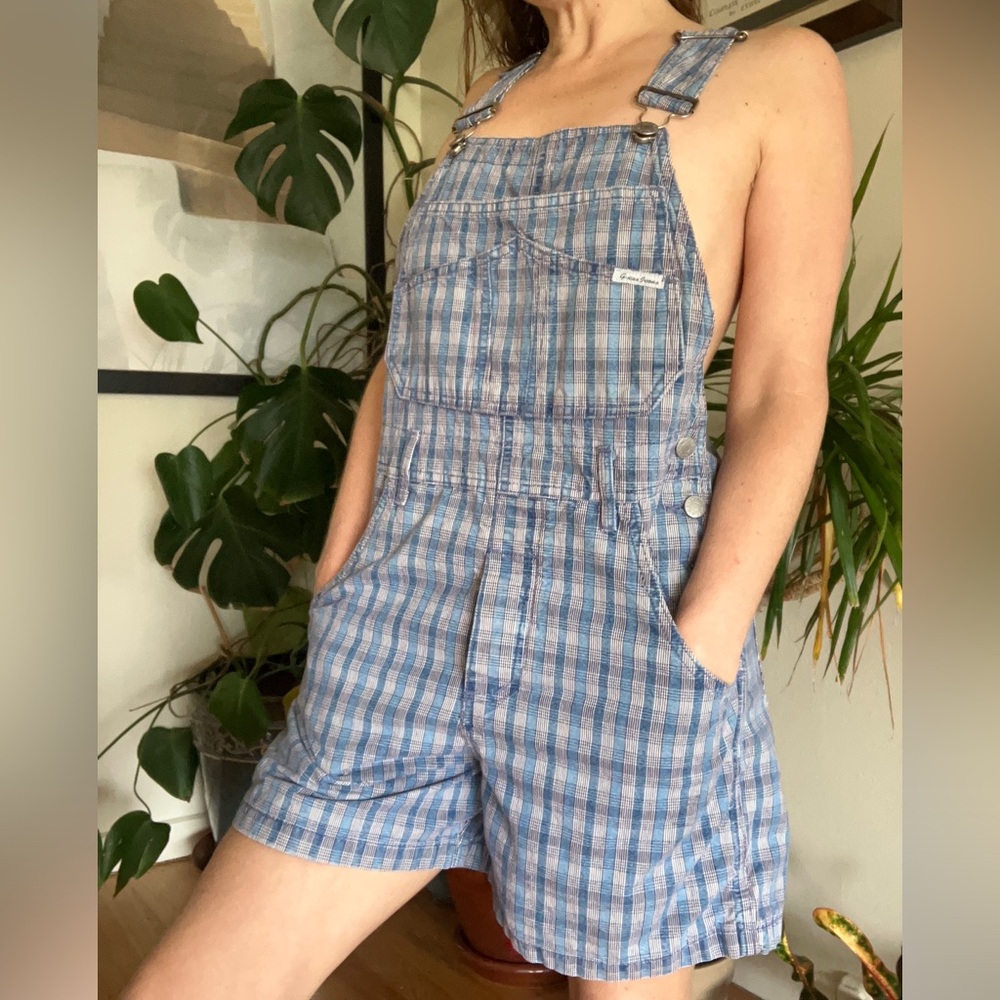 Vintage 90s Guess U.S.A. Plaid Overall Shortalls Romper Jumpsuit S
